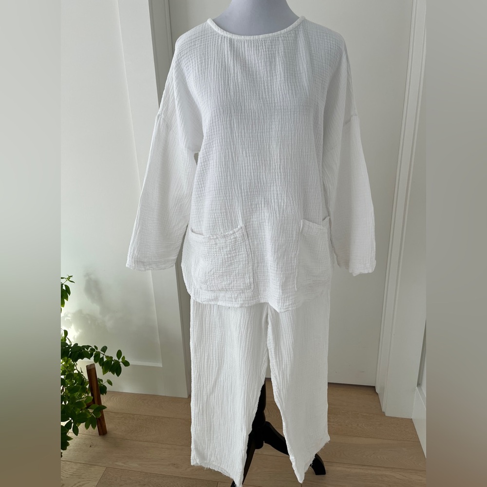 LOUNGE 2 Piece Set Lightweight 100% Textured Cotton Oversize Top Pull On Pants